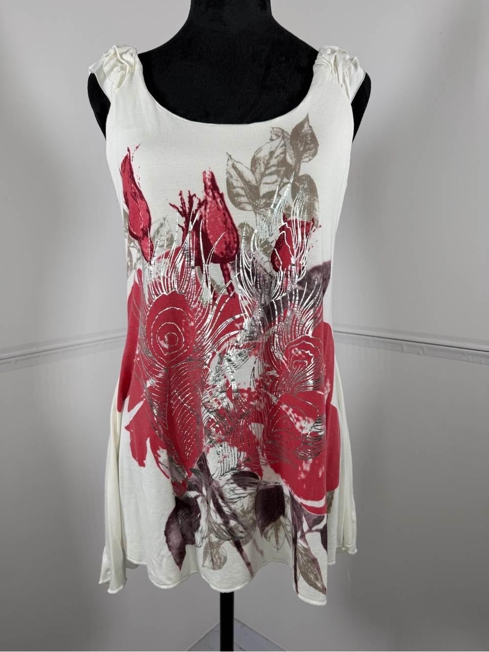 VENUS White Floral Graphic Ruffle Sleeve Tunic Top Size Medium